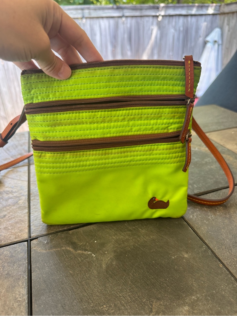 Dooney & Bourke Crossbody Bag in Bright Lime Green with Brown Accents